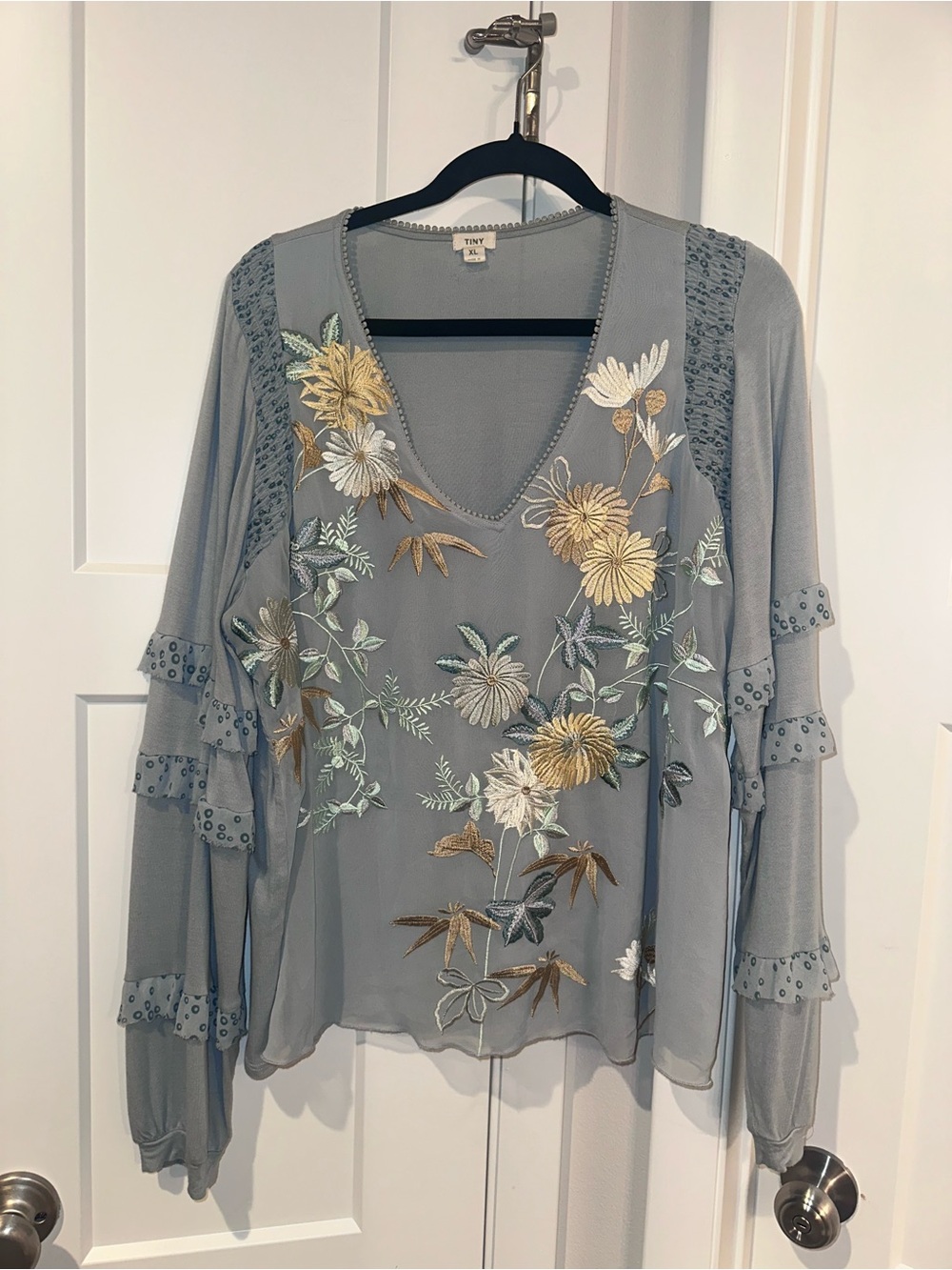 Anthropologie Embroidered Floral V-Neck Blouse in Light Blue